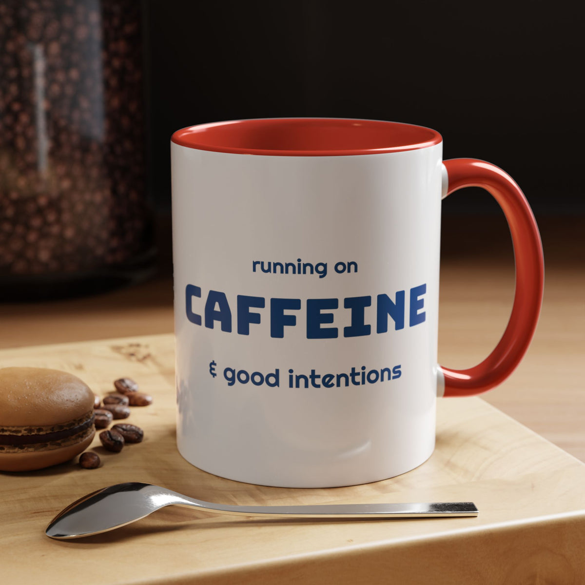 Caffeine and Good Intentions mug, blue lettering, red handle