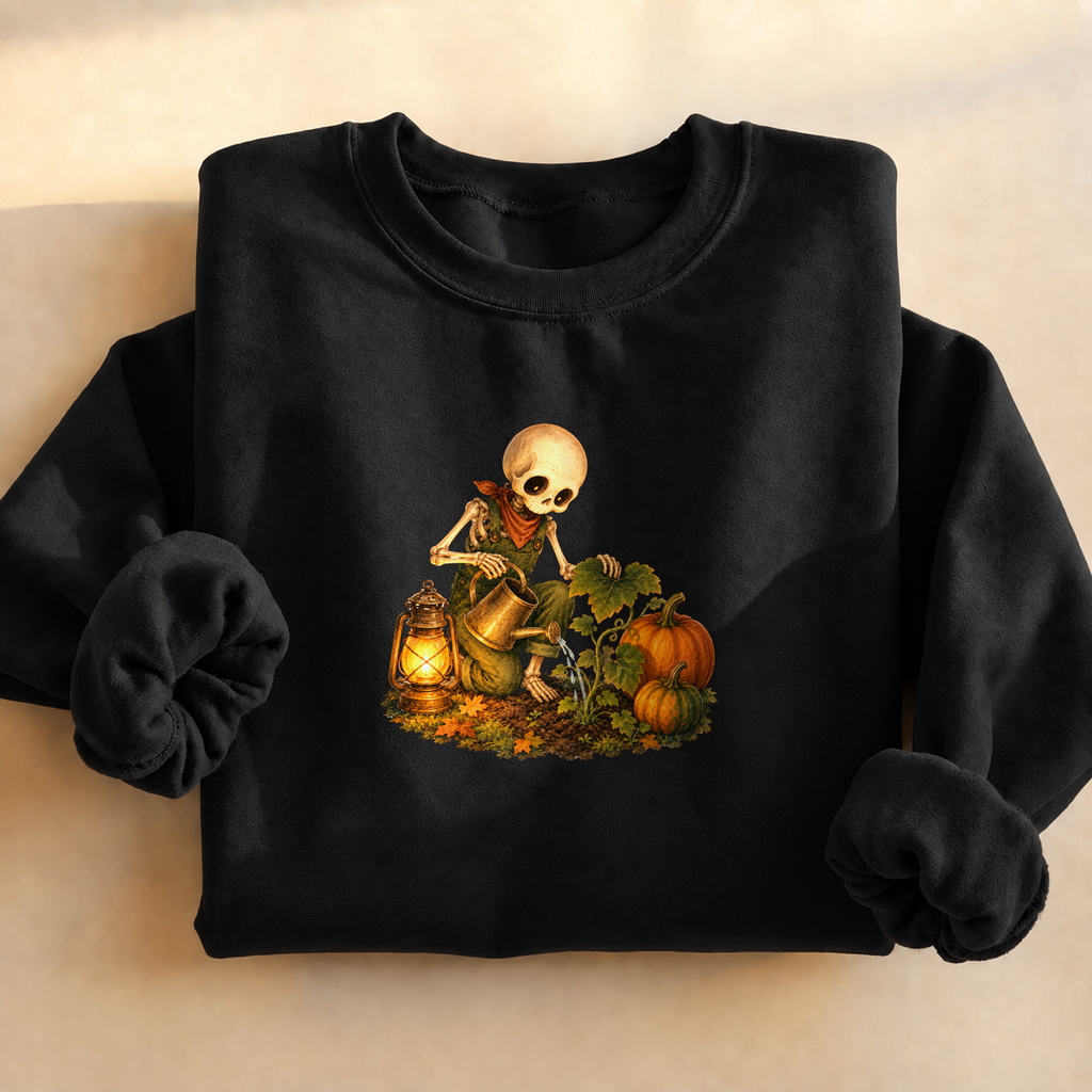 Pumpkin Patch Skeleton Sweatshirt, skeleton watering pumpkins at night, for Halloween lovers