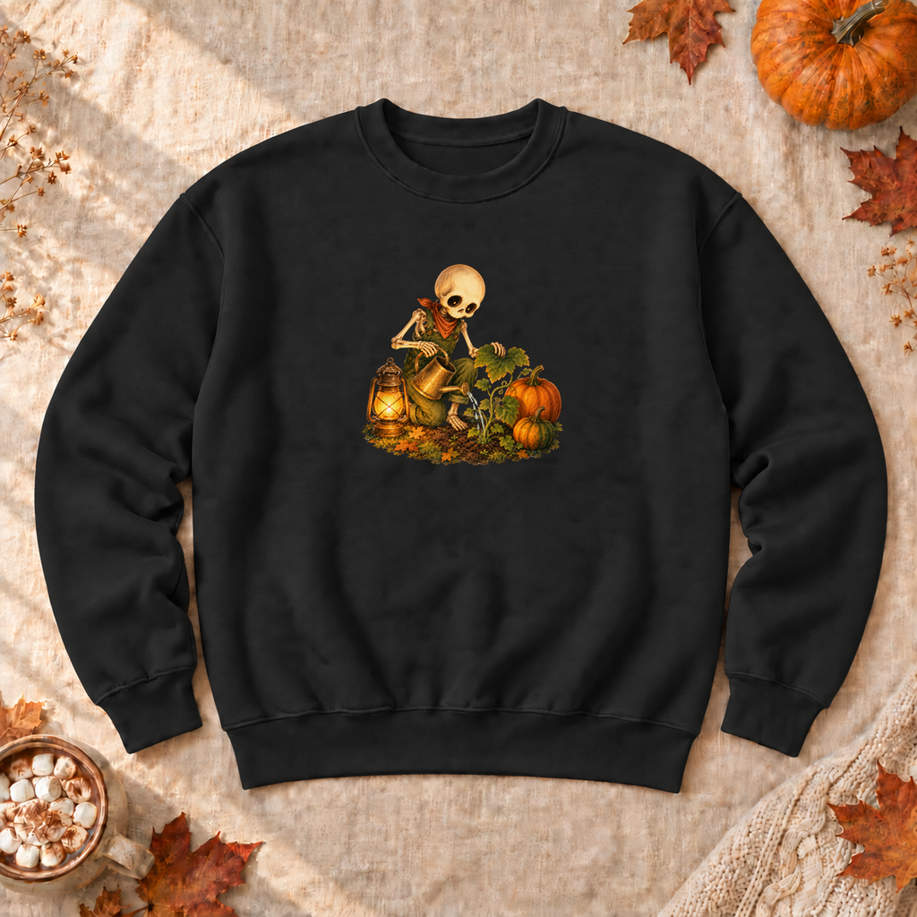 Pumpkin Patch Skeleton Sweatshirt, alternate view, skeleton watering pumpkins at night