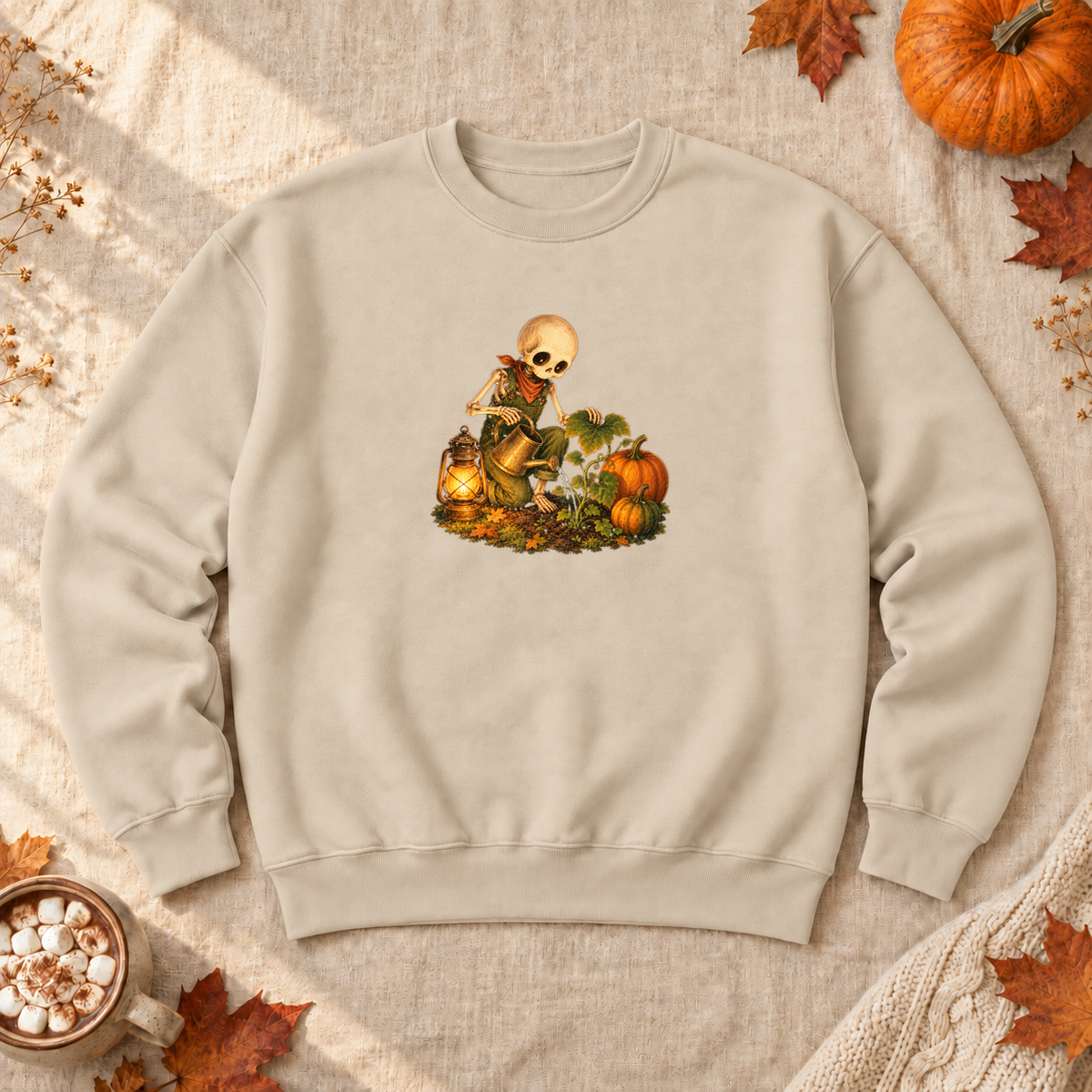 Pumpkin Patch Skeleton Sweatshirt, alternate view, skeleton watering pumpkins at night