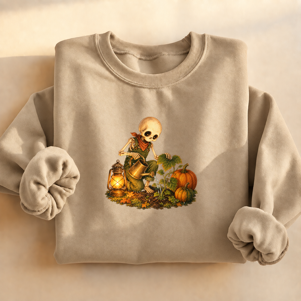 Pumpkin Patch Skeleton Sweatshirt, alternate view, skeleton watering pumpkins at night