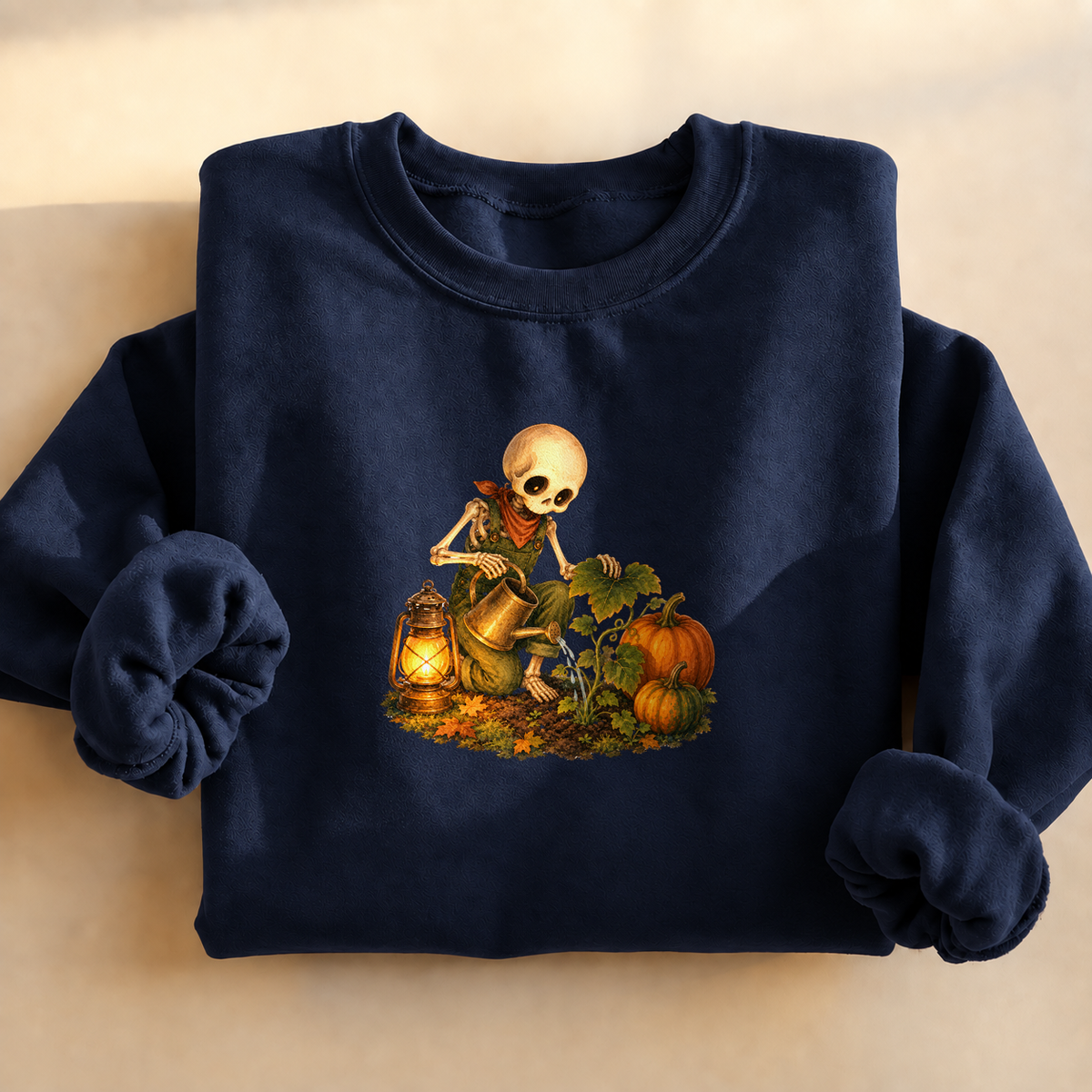 Pumpkin Patch Skeleton Sweatshirt, alternate view, skeleton watering pumpkins at night
