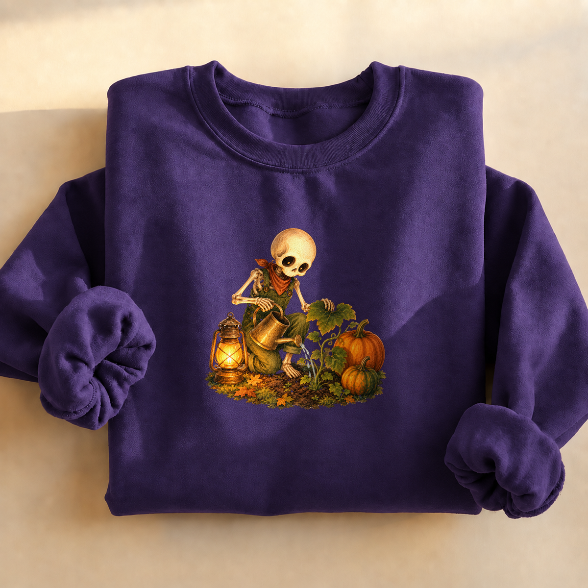 Pumpkin Patch Skeleton Sweatshirt, alternate view, skeleton watering pumpkins at night