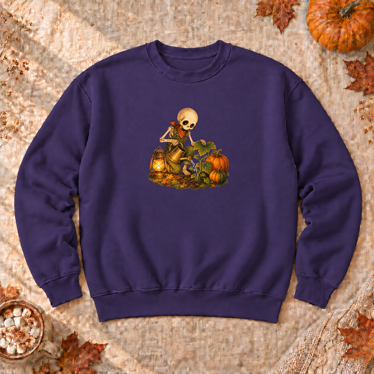 Pumpkin Patch Skeleton Sweatshirt, alternate view, skeleton watering pumpkins at night
