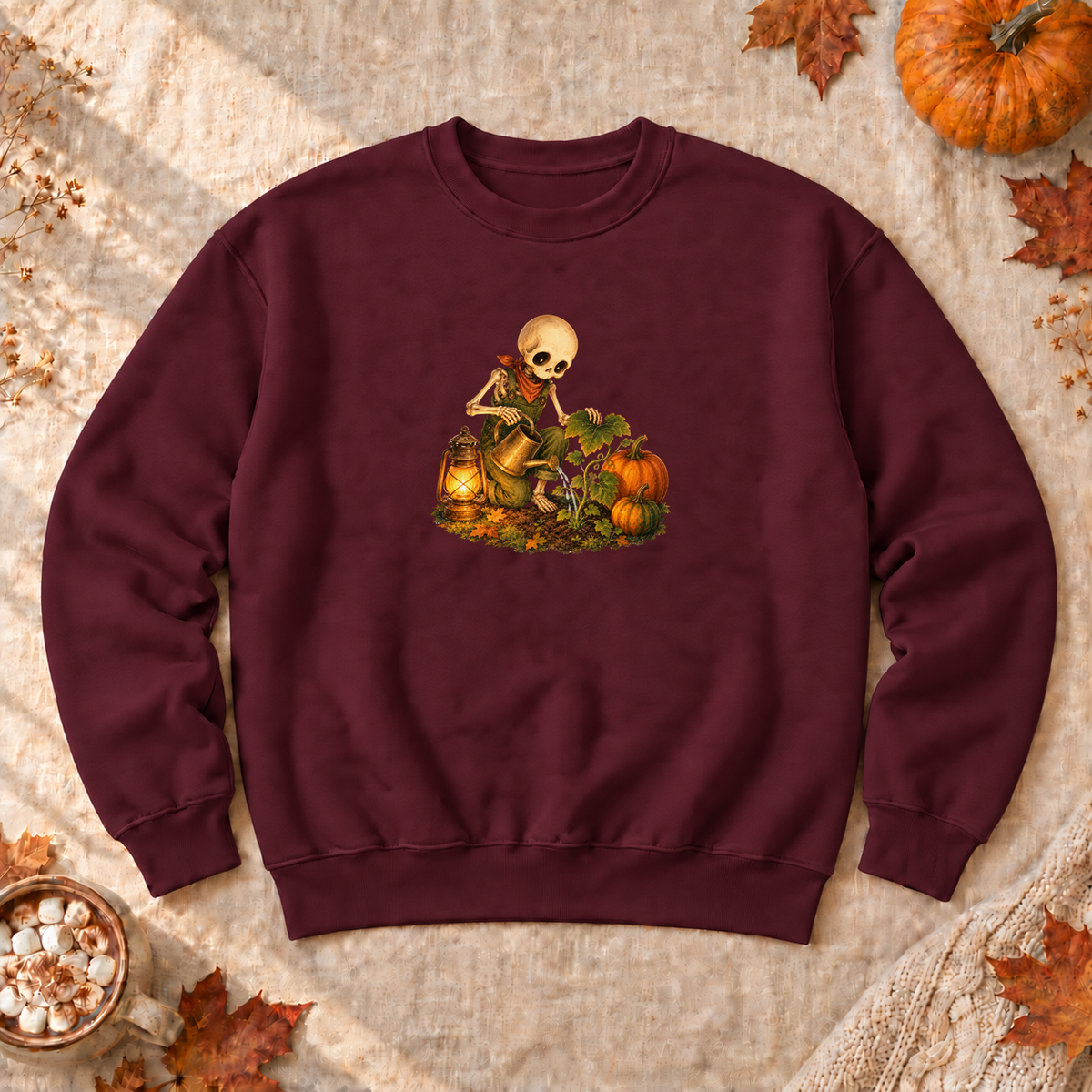 Pumpkin Patch Skeleton Sweatshirt, alternate view, skeleton watering pumpkins at night