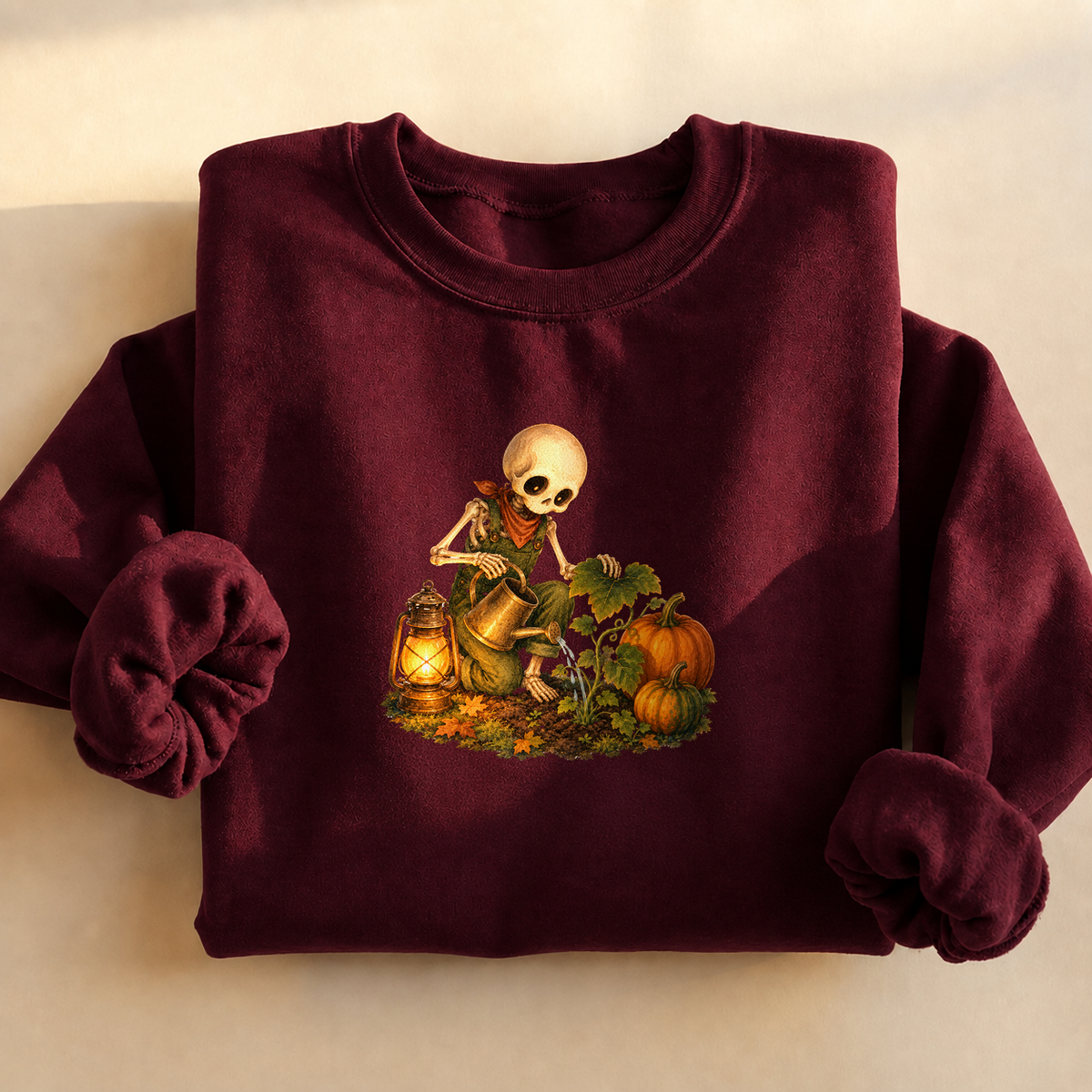 Pumpkin Patch Skeleton Sweatshirt, alternate view, skeleton watering pumpkins at night