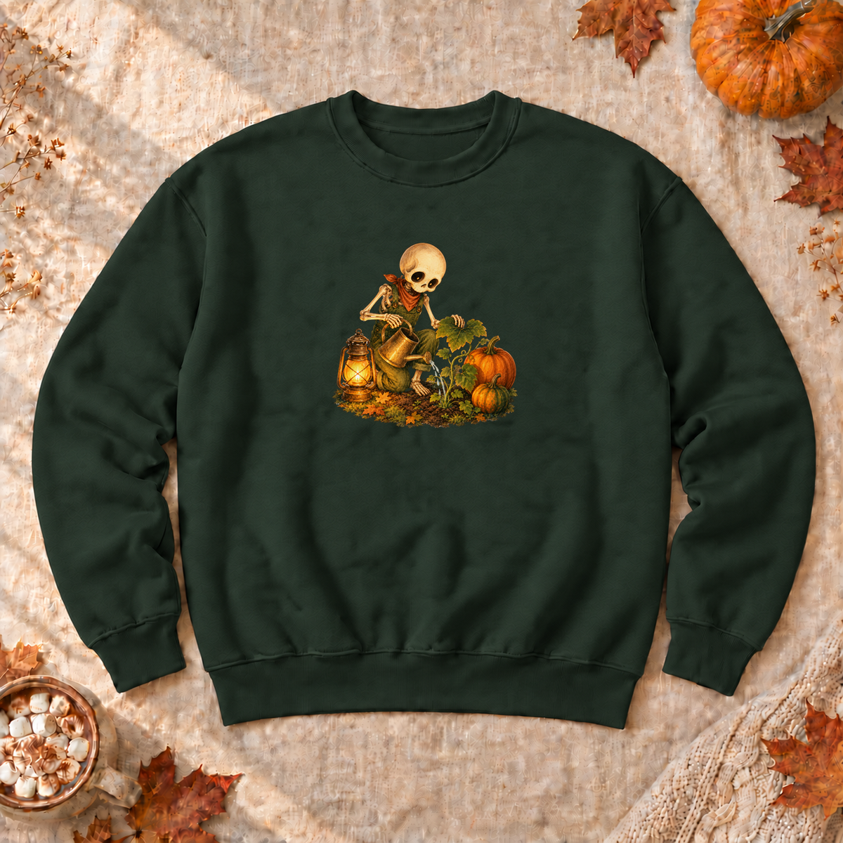 Pumpkin Patch Skeleton Sweatshirt, alternate view, skeleton watering pumpkins at night