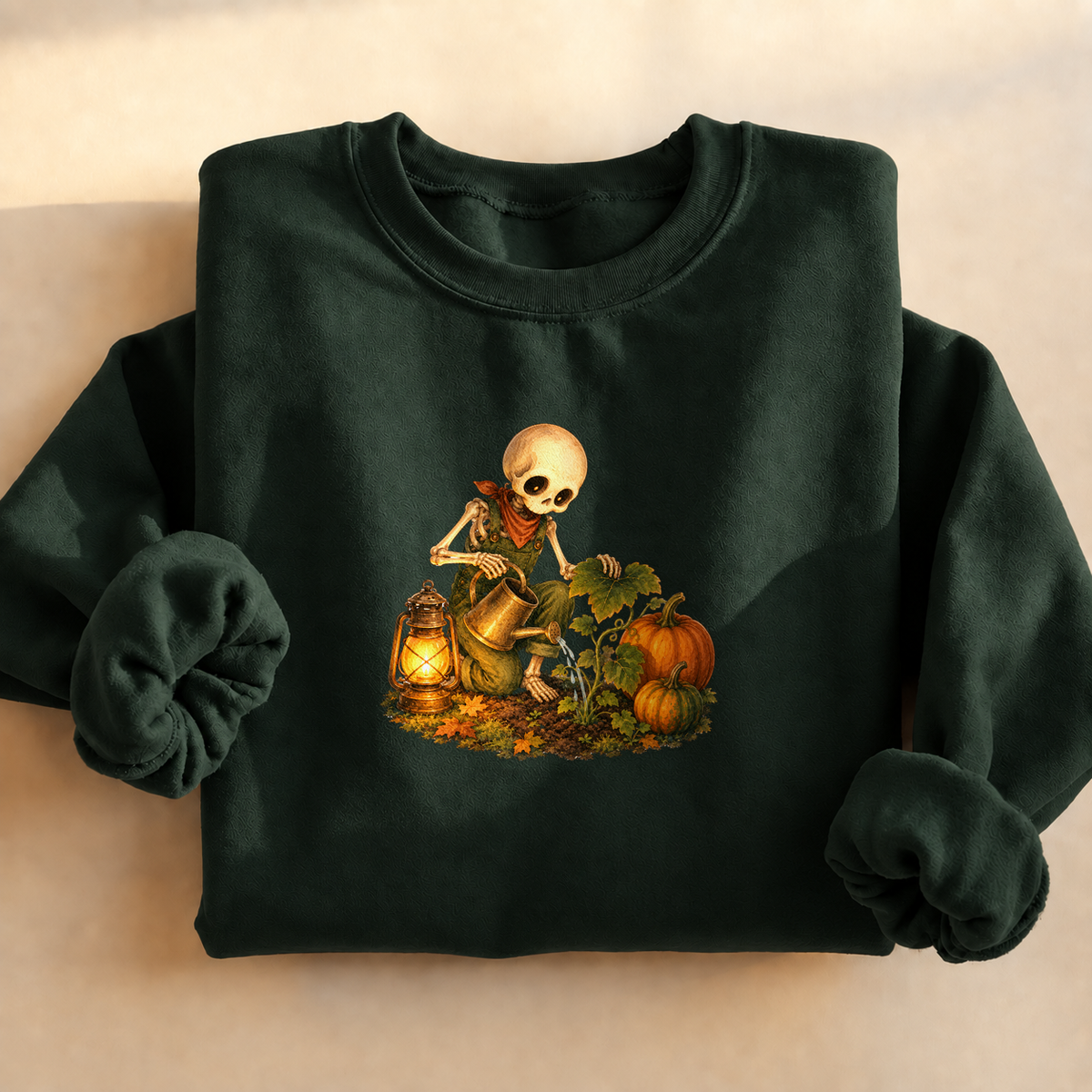 Pumpkin Patch Skeleton Sweatshirt, alternate view, skeleton watering pumpkins at night