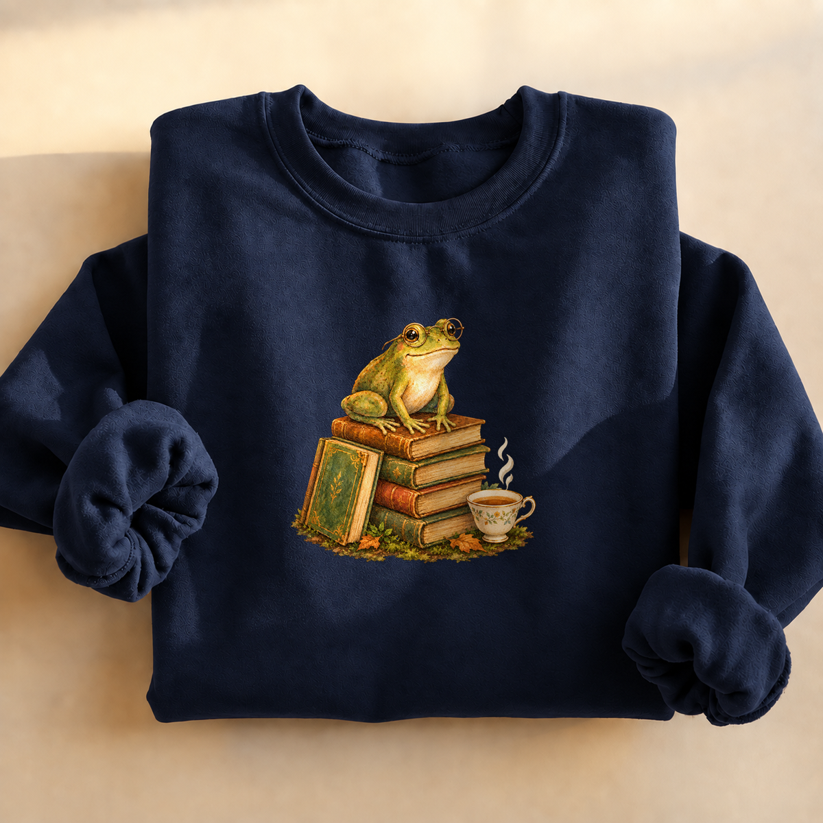 Bookish Frog Crewneck Sweatshirt, frog with spectacles reading in a greenhouse, for book lovers and frog fans