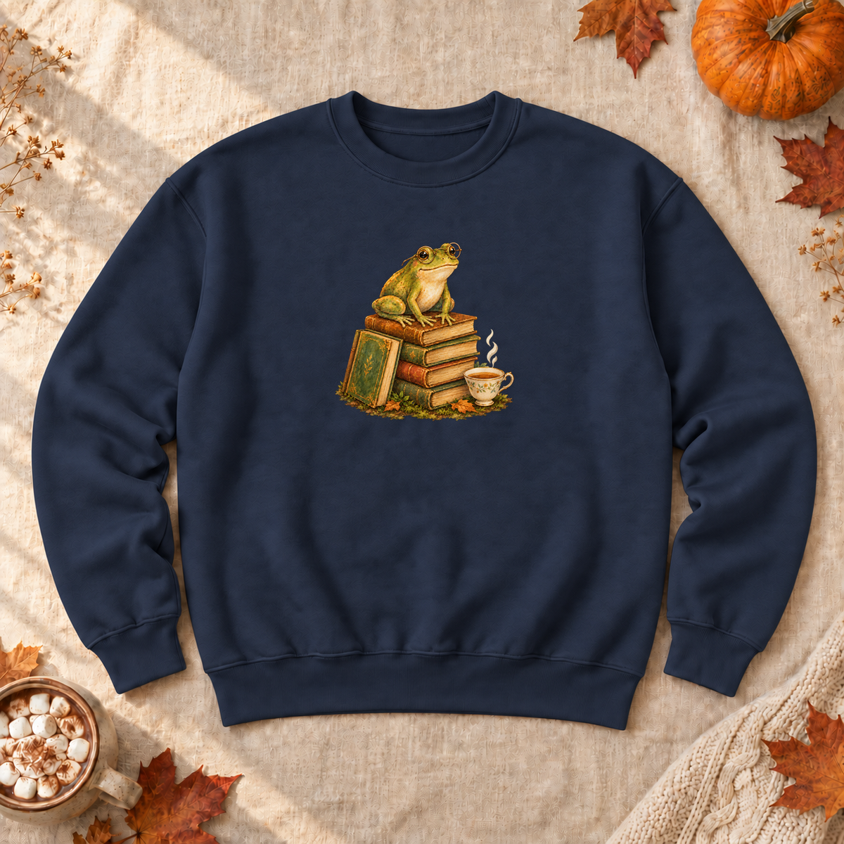 Bookish Frog Crewneck Sweatshirt, alternate view, frog with spectacles reading in a greenhouse