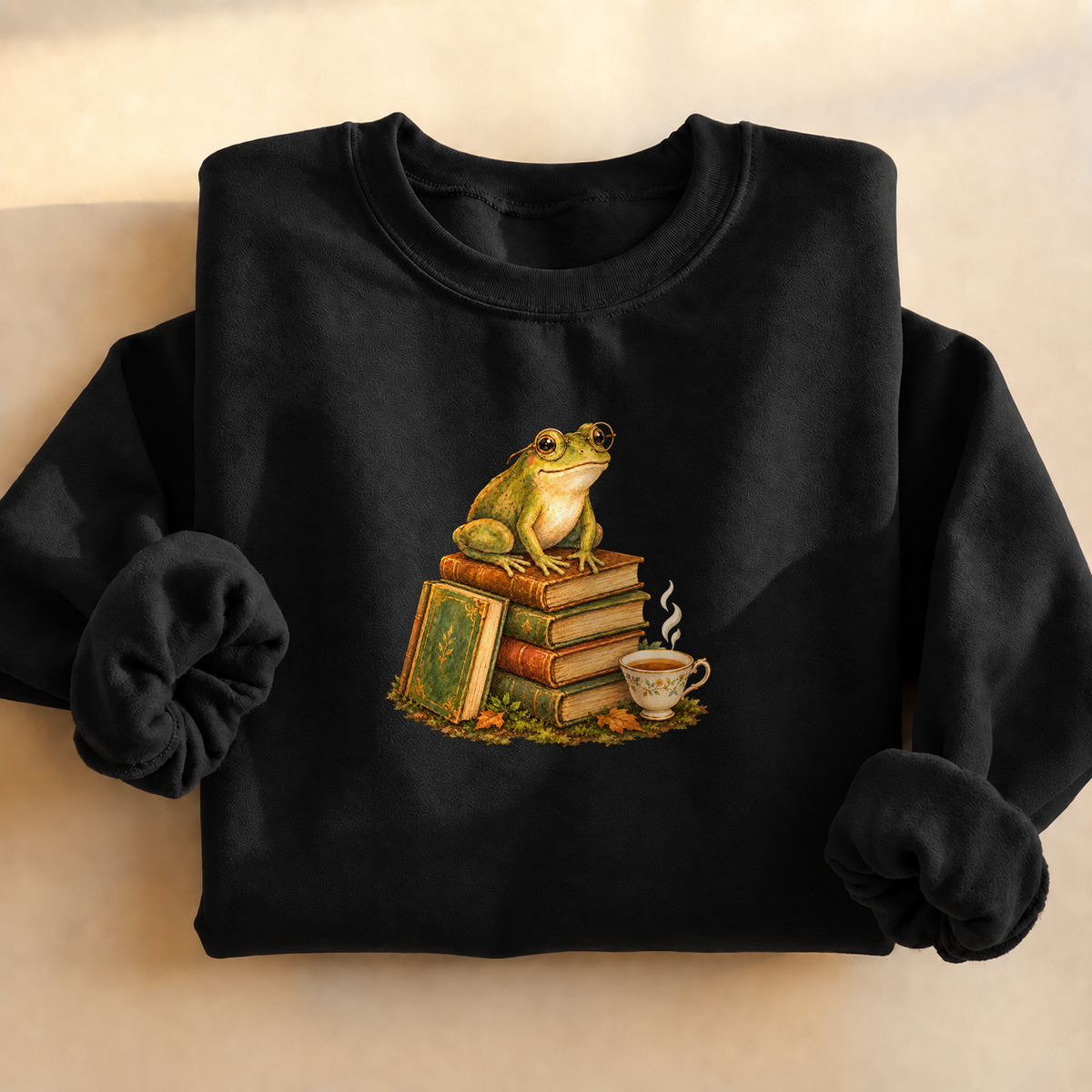 Bookish Frog Crewneck Sweatshirt, alternate view, frog with spectacles reading in a greenhouse