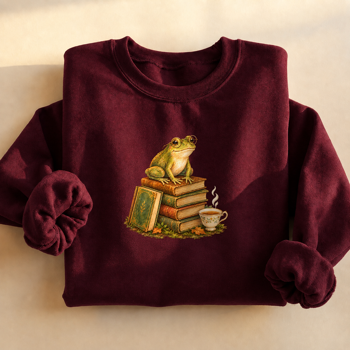 Bookish Frog Crewneck Sweatshirt, alternate view, frog with spectacles reading in a greenhouse