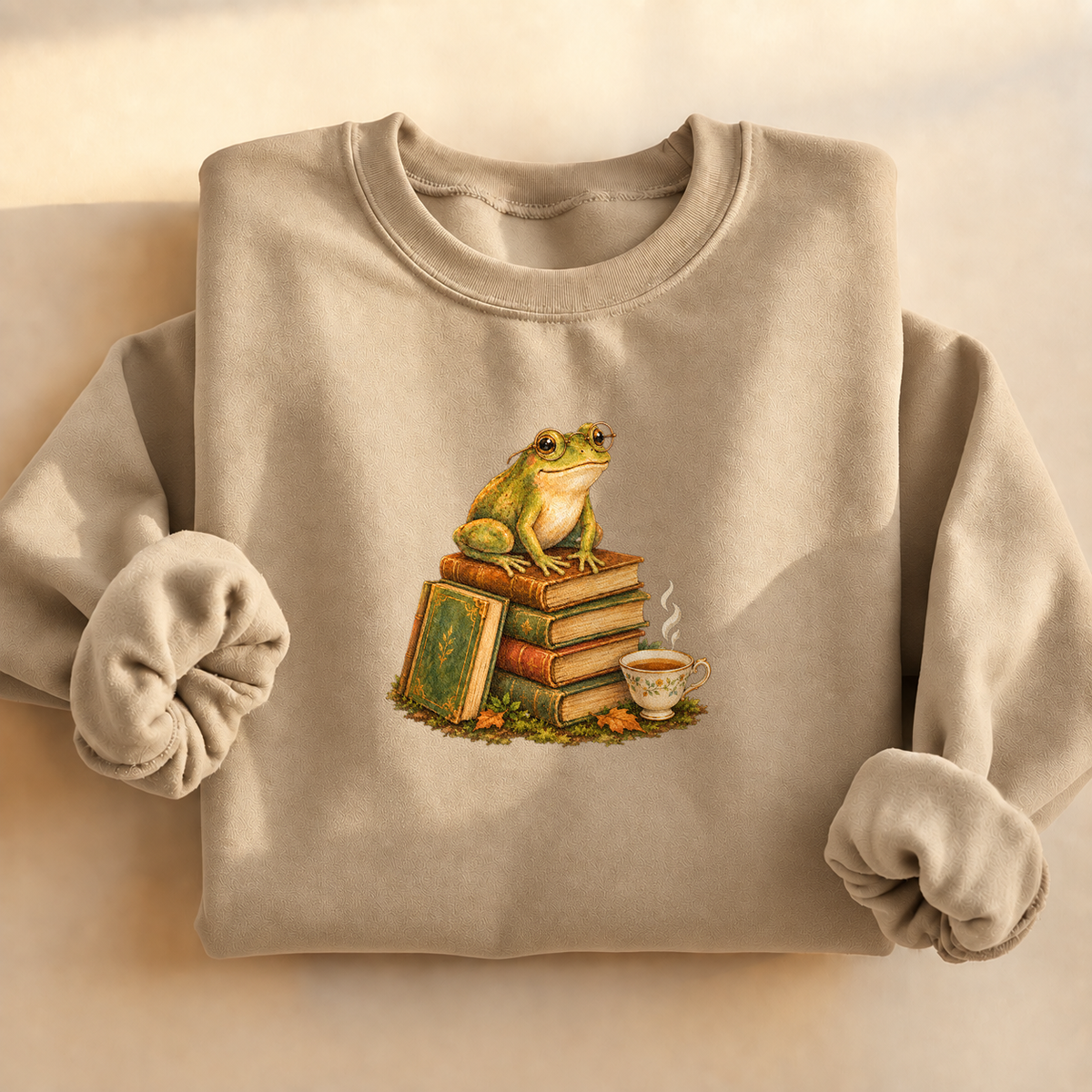Bookish Frog Crewneck Sweatshirt, alternate view, frog with spectacles reading in a greenhouse
