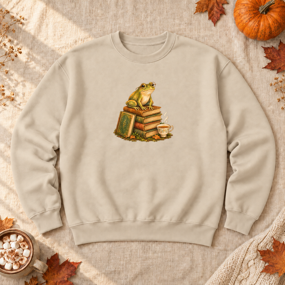 Bookish Frog Crewneck Sweatshirt, alternate view, frog with spectacles reading in a greenhouse