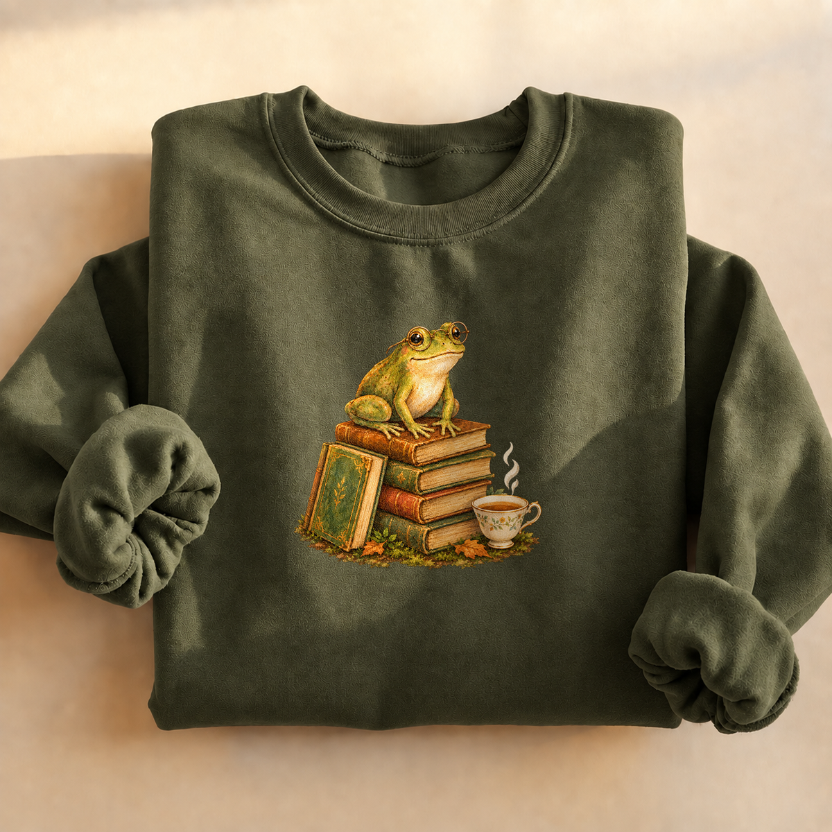 Bookish Frog Crewneck Sweatshirt, alternate view, frog with spectacles reading in a greenhouse