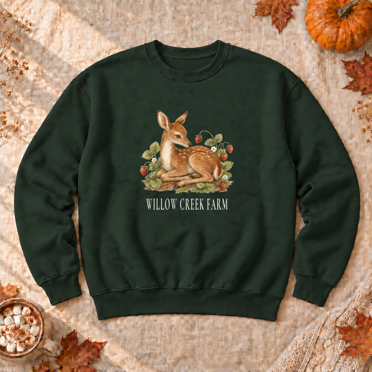 Strawberry Patch Fawn Sweatshirt, alternate view, fawn among strawberries