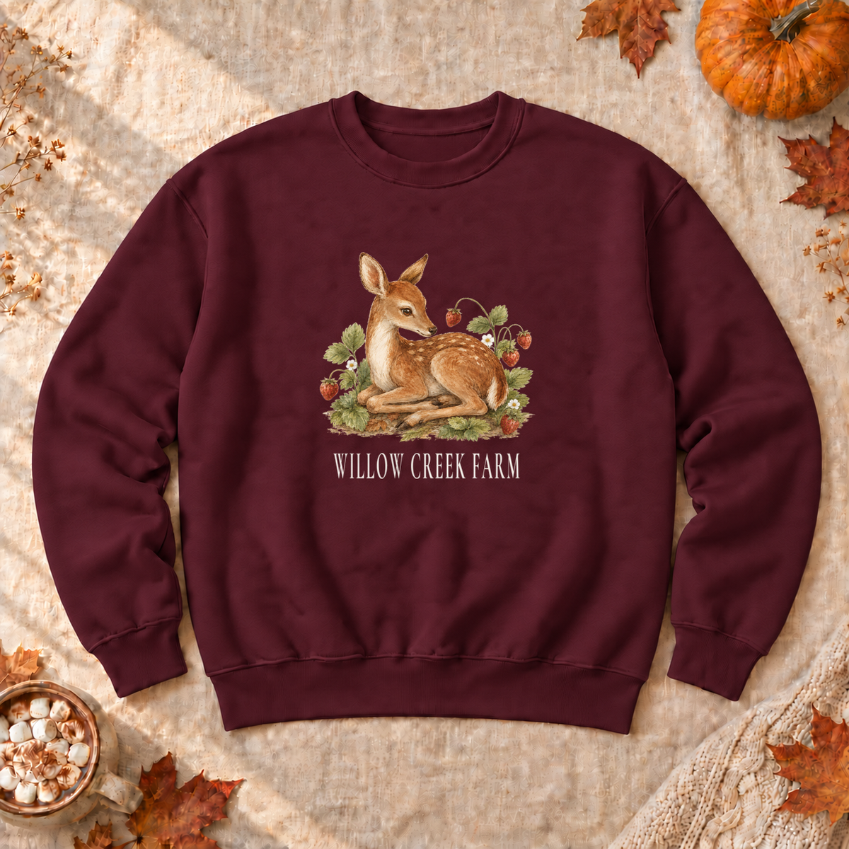 Strawberry Patch Fawn Sweatshirt, alternate view, fawn among strawberries