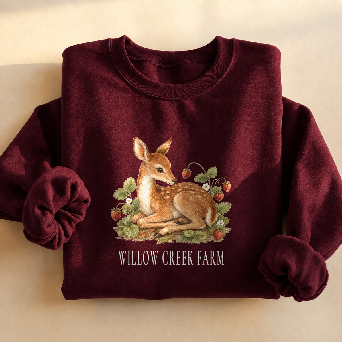 Strawberry Patch Fawn Sweatshirt, alternate view, fawn among strawberries