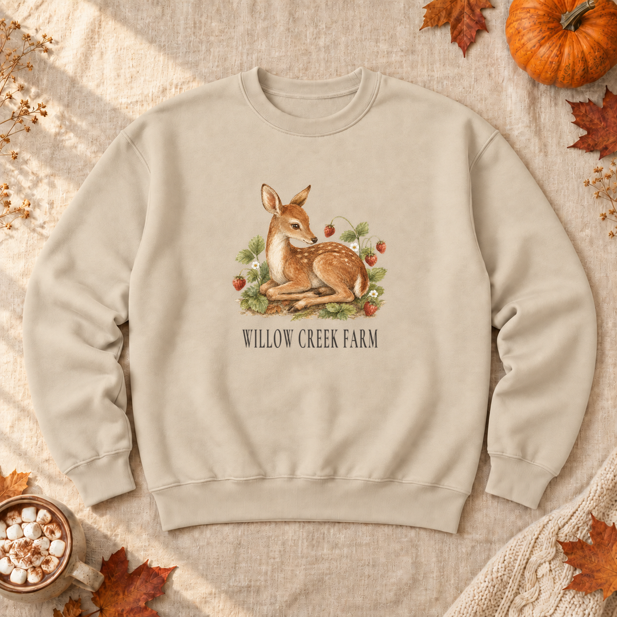 Strawberry Patch Fawn Sweatshirt, alternate view, fawn among strawberries