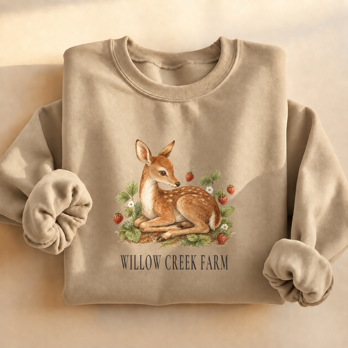 Strawberry Patch Fawn Sweatshirt, alternate view, fawn among strawberries