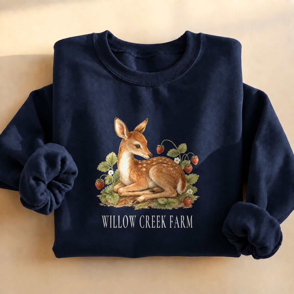 Strawberry Patch Fawn Sweatshirt, alternate view, fawn among strawberries