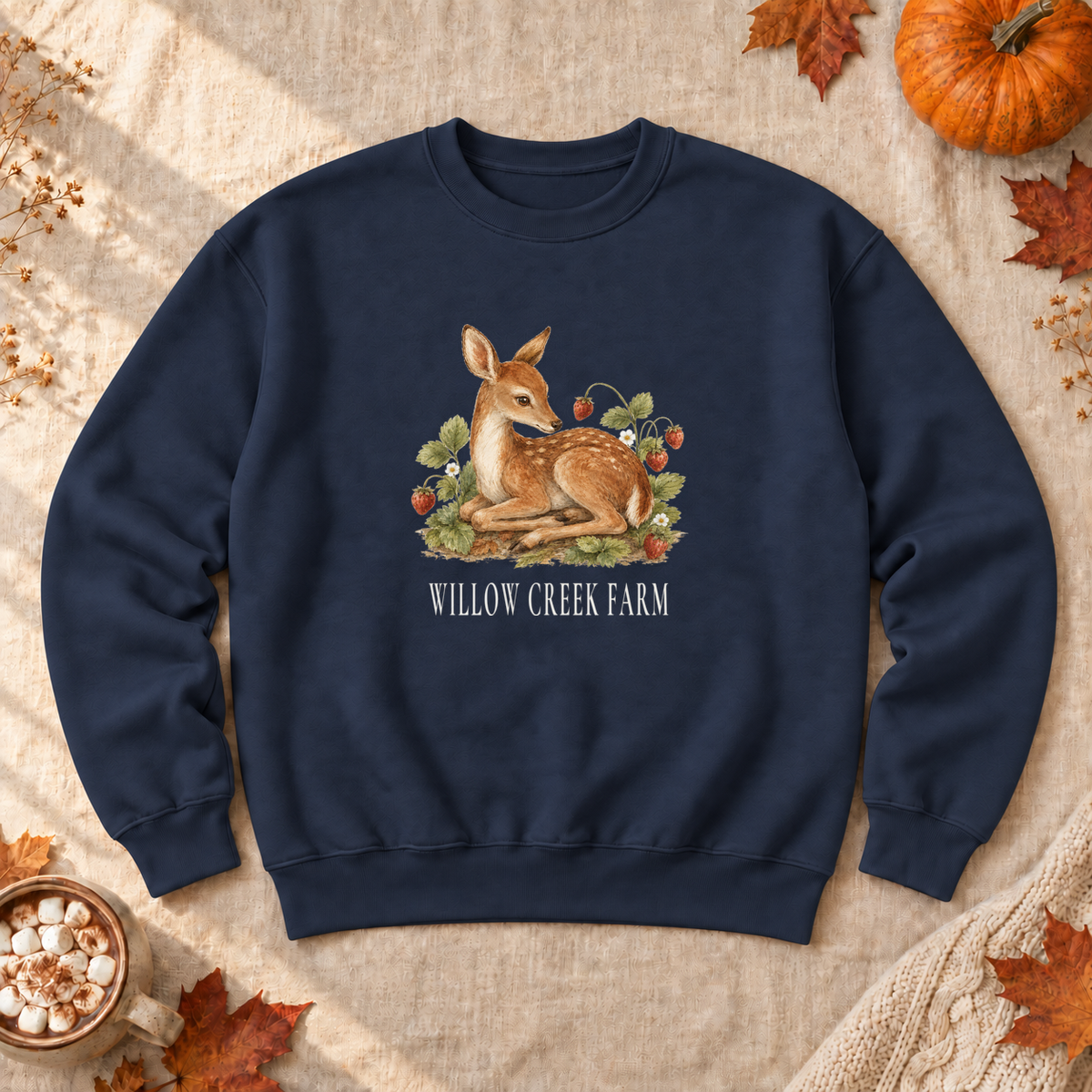 Strawberry Patch Fawn Sweatshirt, alternate view, fawn among strawberries