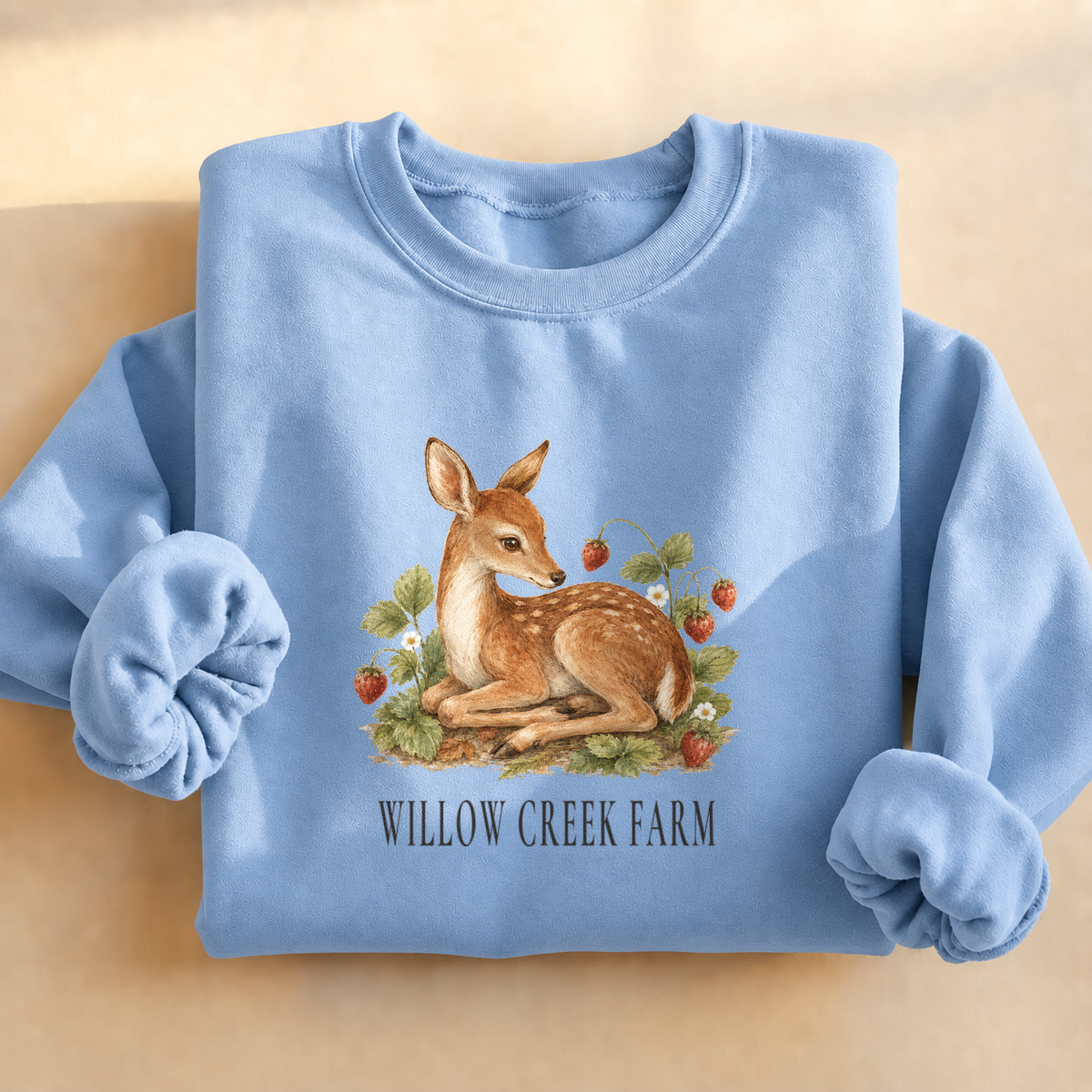 Strawberry Patch Fawn Sweatshirt, alternate view, fawn among strawberries