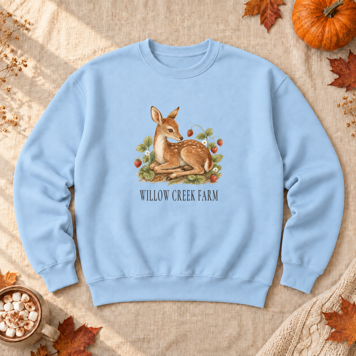 Strawberry Patch Fawn Sweatshirt, alternate view, fawn among strawberries
