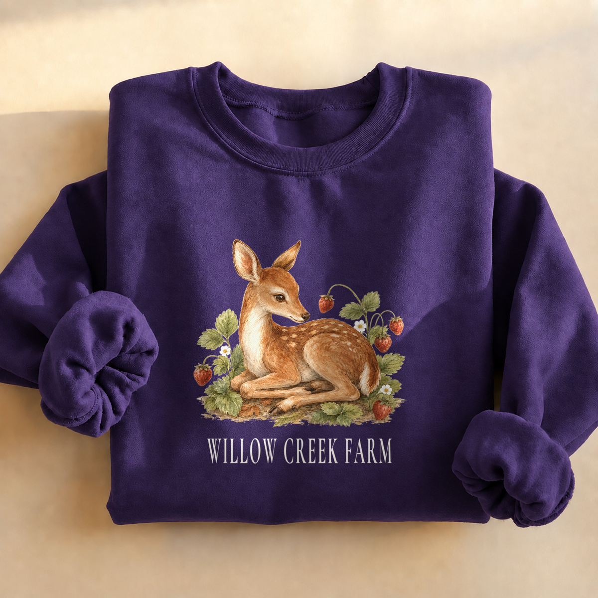 Strawberry Patch Fawn Sweatshirt, alternate view, fawn among strawberries