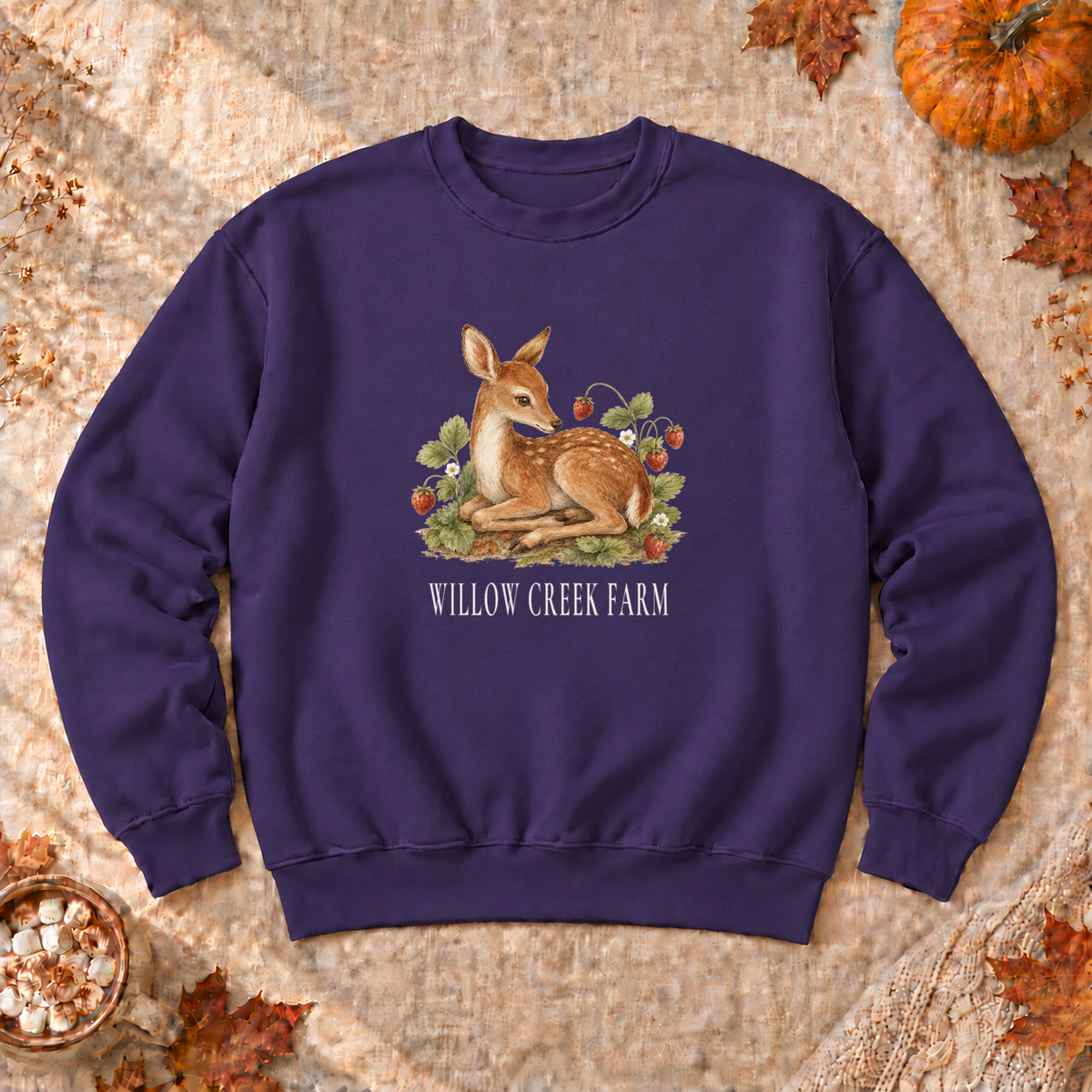 Strawberry Patch Fawn Sweatshirt, alternate view, fawn among strawberries