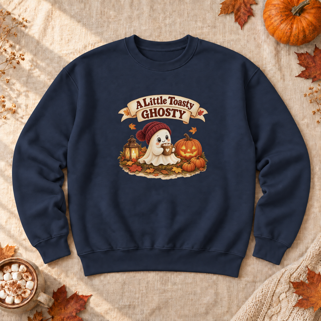 A Little Toasty Ghosty Sweatshirt, alternate view, cute ghost with cocoa and pumpkins