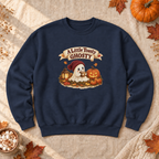 A Little Toasty Ghosty Sweatshirt, alternate view, cute ghost with cocoa and pumpkins