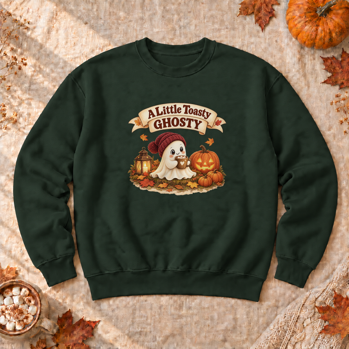A Little Toasty Ghosty Sweatshirt, alternate view, cute ghost with cocoa and pumpkins
