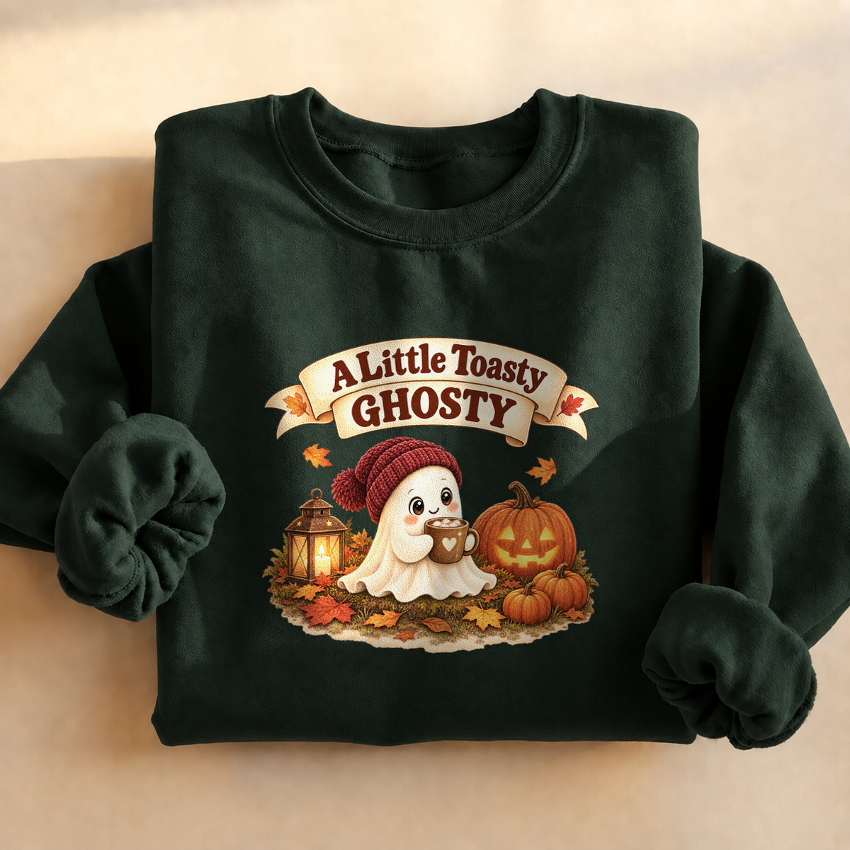A Little Toasty Ghosty Sweatshirt, alternate view, cute ghost with cocoa and pumpkins