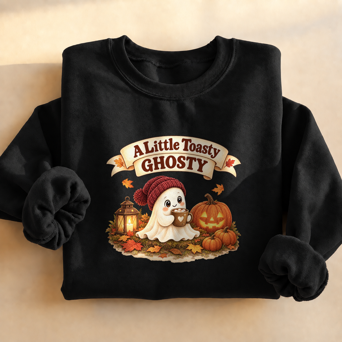 A Little Toasty Ghosty Sweatshirt, alternate view, cute ghost with cocoa and pumpkins