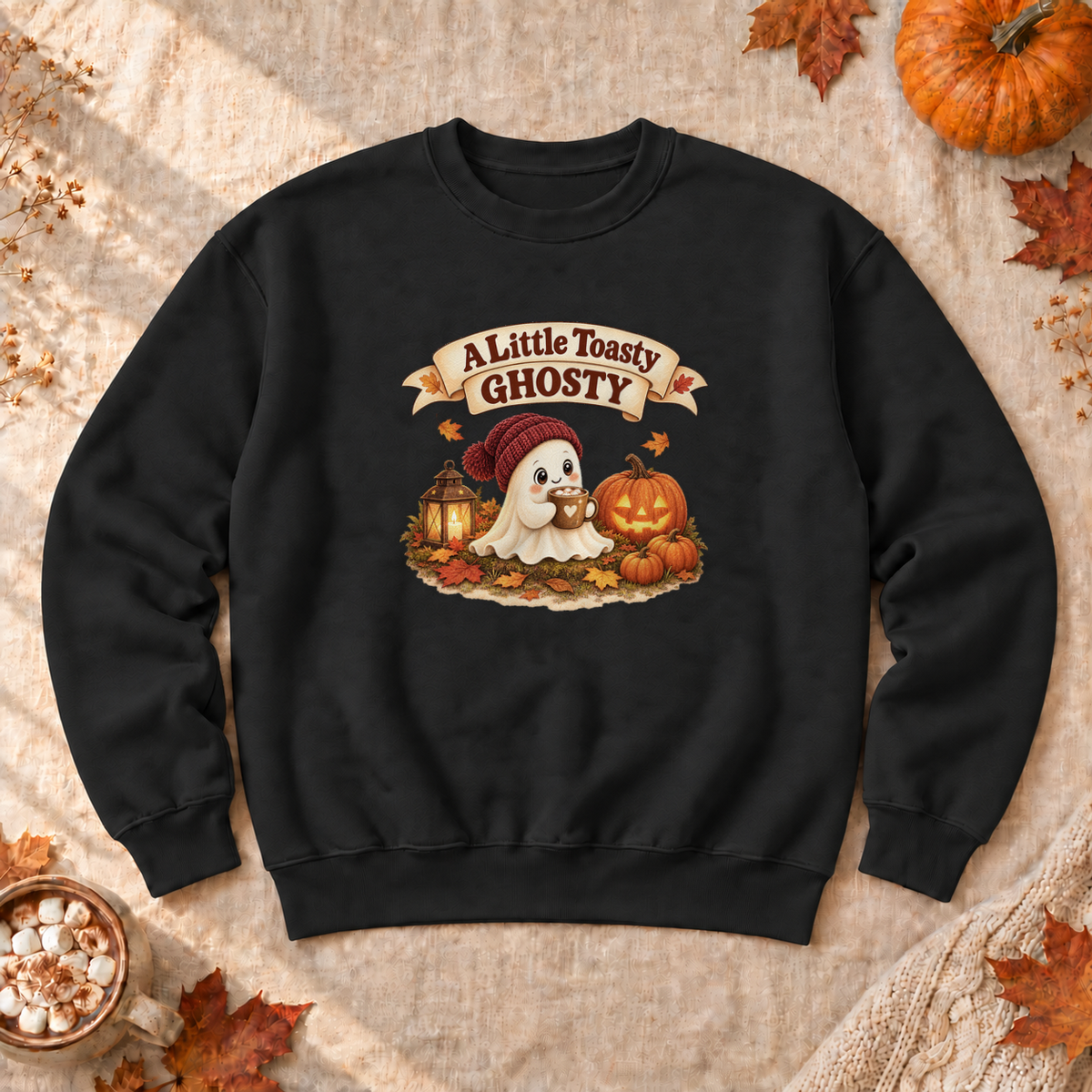 A Little Toasty Ghosty Sweatshirt, alternate view, cute ghost with cocoa and pumpkins