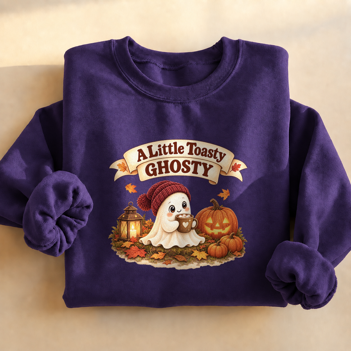 A Little Toasty Ghosty Sweatshirt, alternate view, cute ghost with cocoa and pumpkins