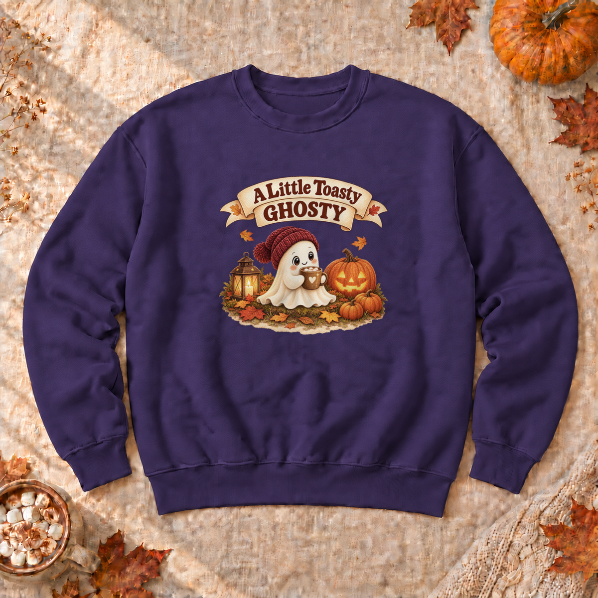 A Little Toasty Ghosty Sweatshirt, alternate view, cute ghost with cocoa and pumpkins