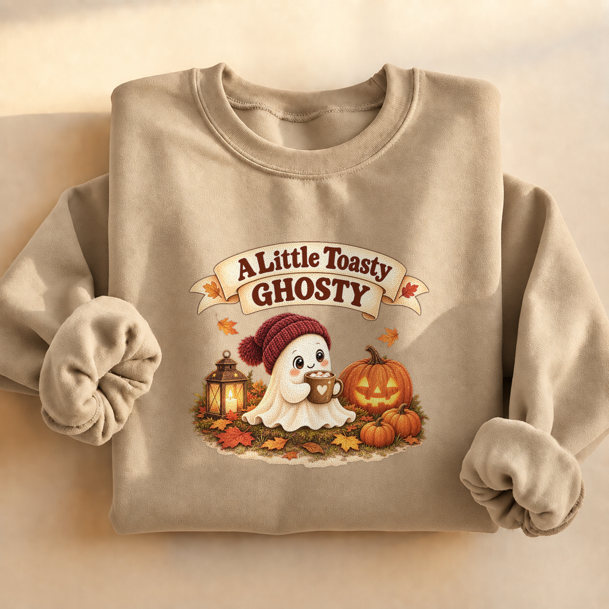A Little Toasty Ghosty Sweatshirt, alternate view, cute ghost with cocoa and pumpkins