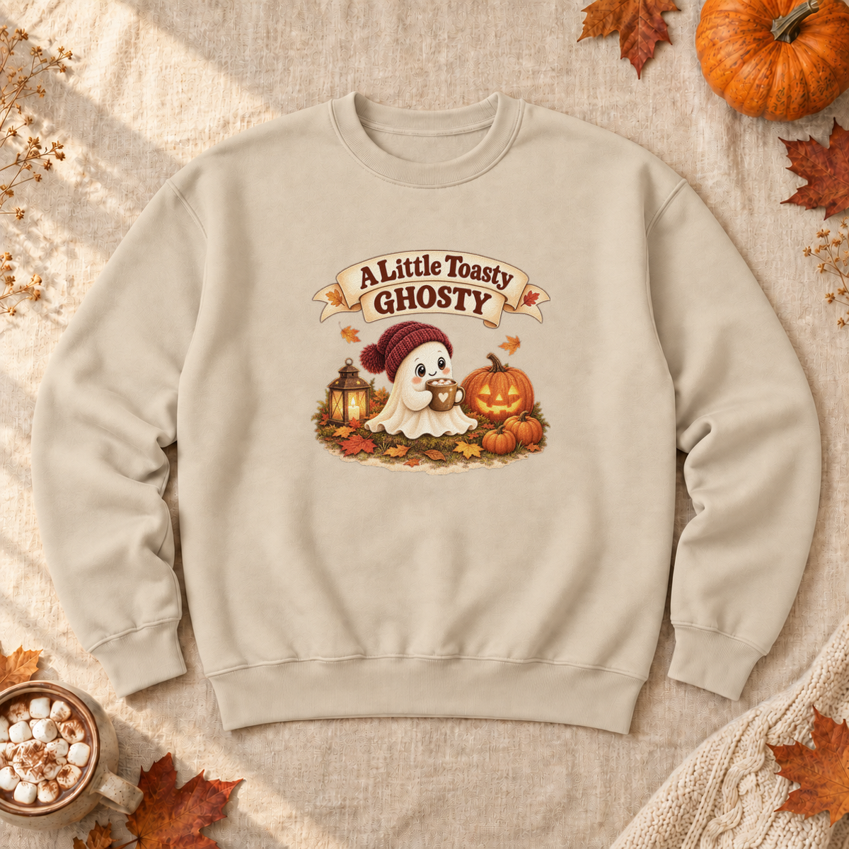 A Little Toasty Ghosty Sweatshirt, alternate view, cute ghost with cocoa and pumpkins