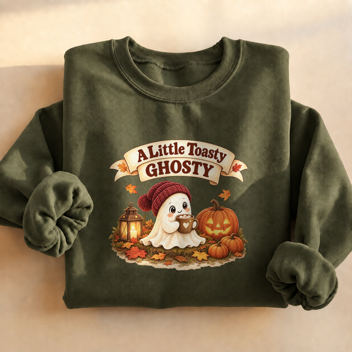 A Little Toasty Ghosty Sweatshirt, alternate view, cute ghost with cocoa and pumpkins