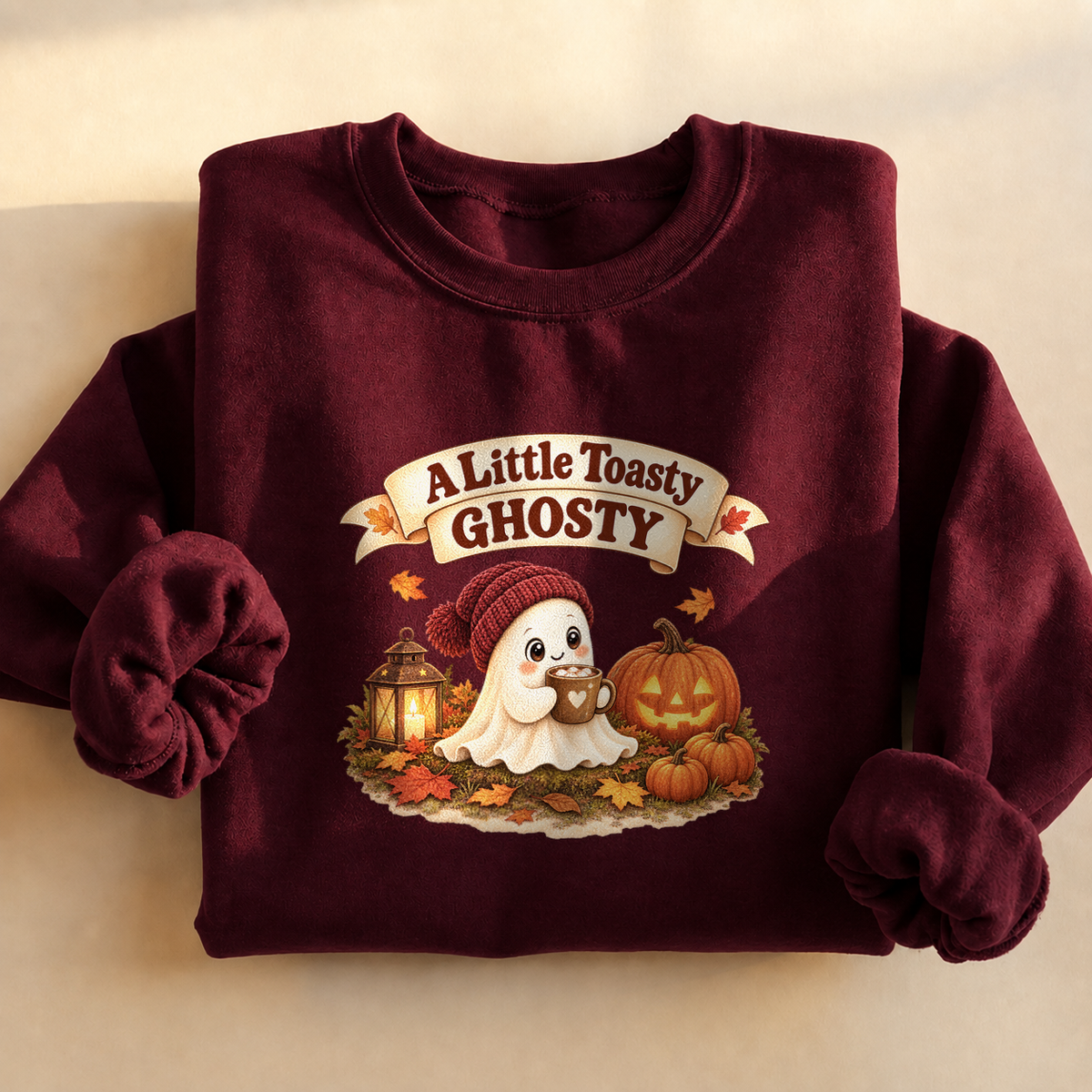 A Little Toasty Ghosty Sweatshirt, alternate view, cute ghost with cocoa and pumpkins