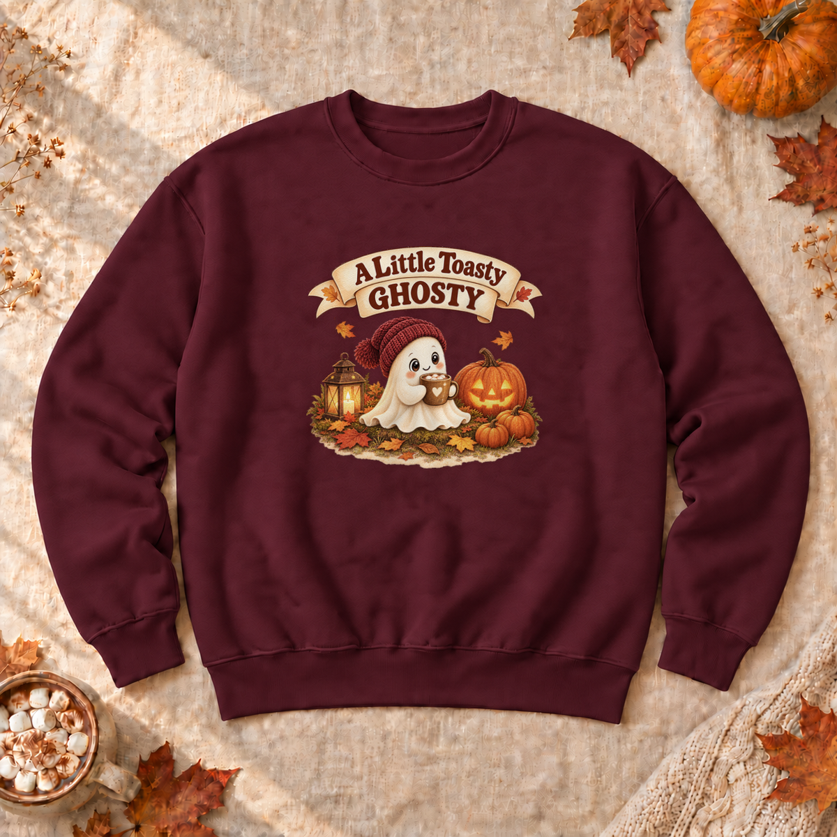 A Little Toasty Ghosty Sweatshirt, alternate view, cute ghost with cocoa and pumpkins