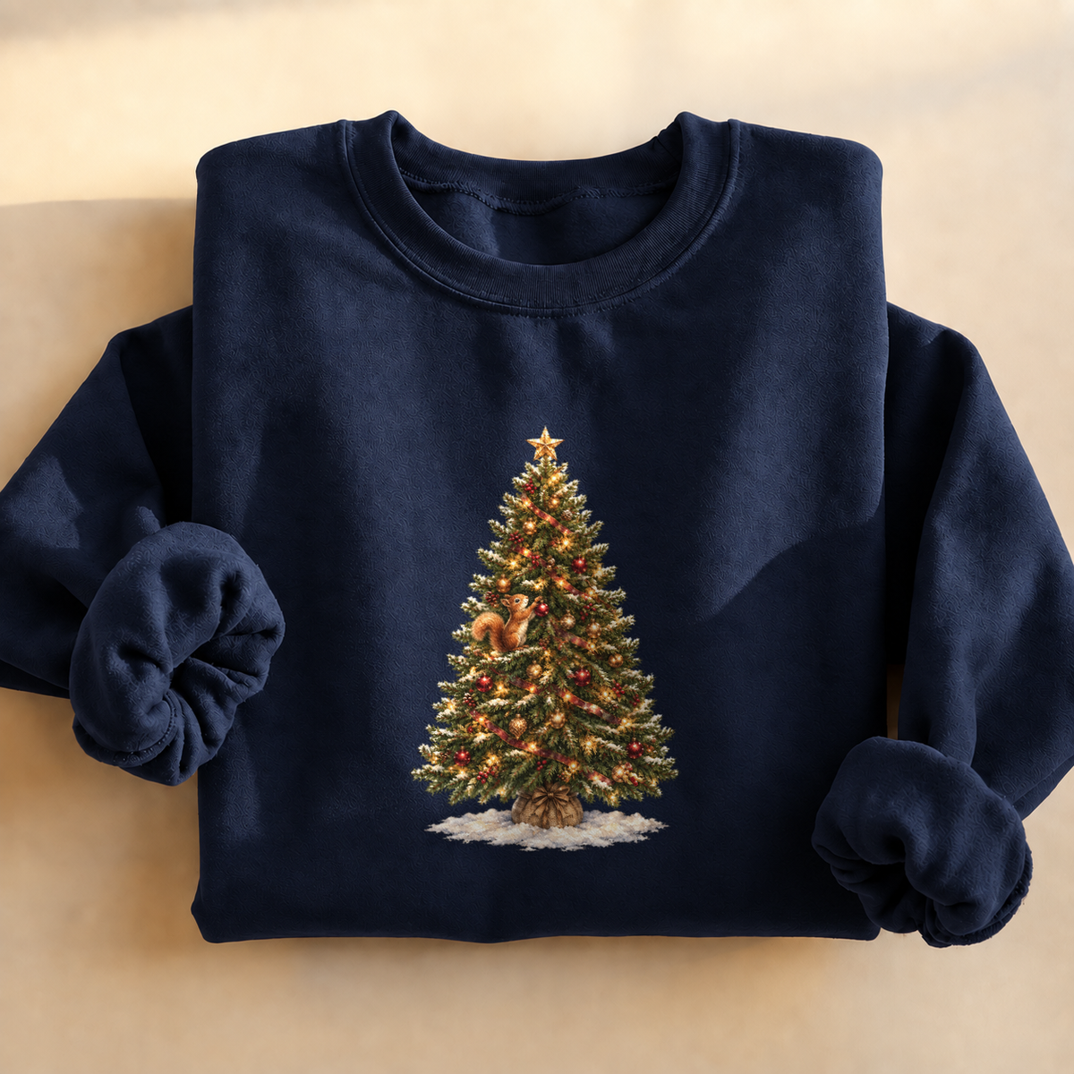 Christmas Tree Squirrel Sweatshirt, squirrel climbing a lit Christmas tree, for squirrel lovers