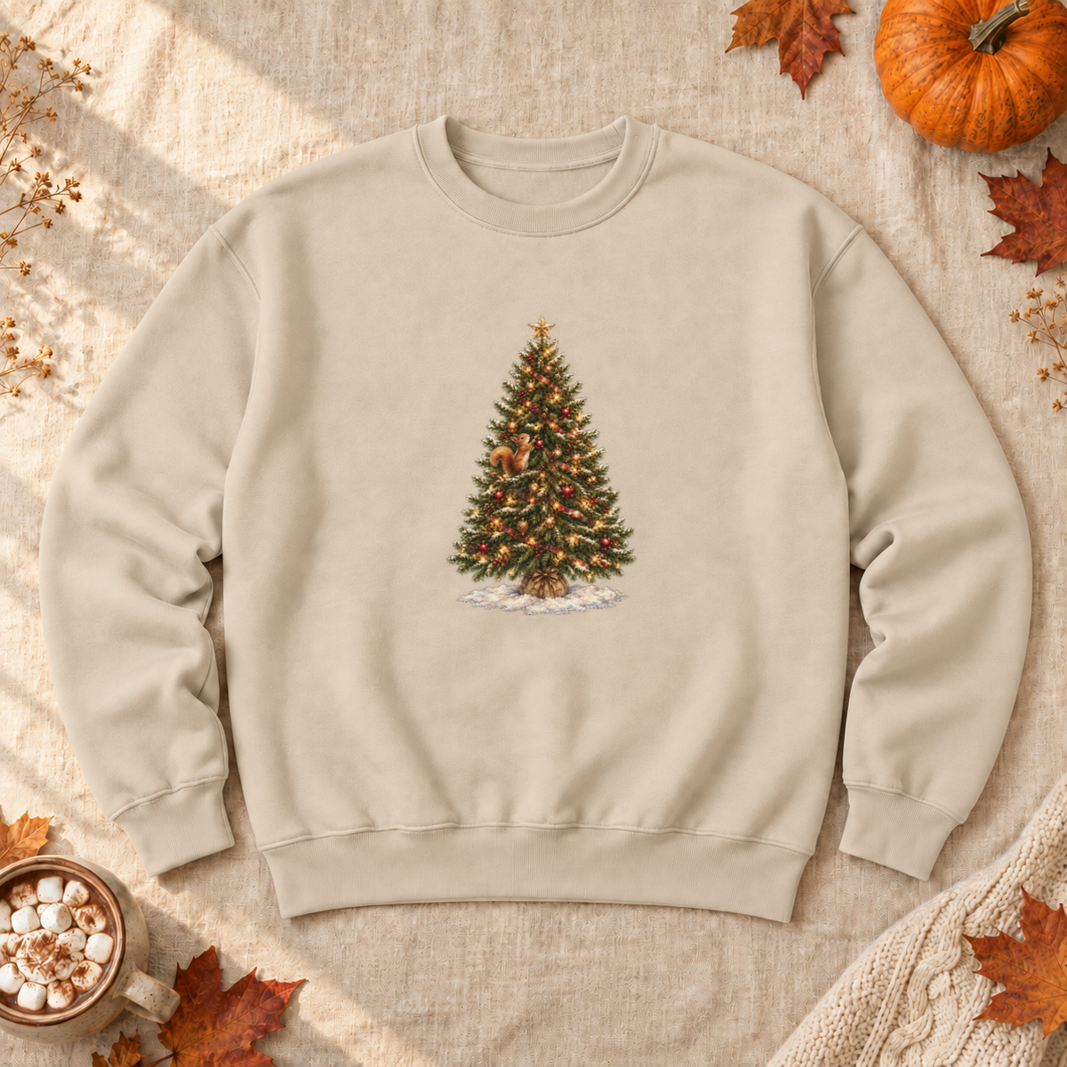 Christmas Tree Squirrel Sweatshirt, alternate view, squirrel climbing a lit Christmas tree