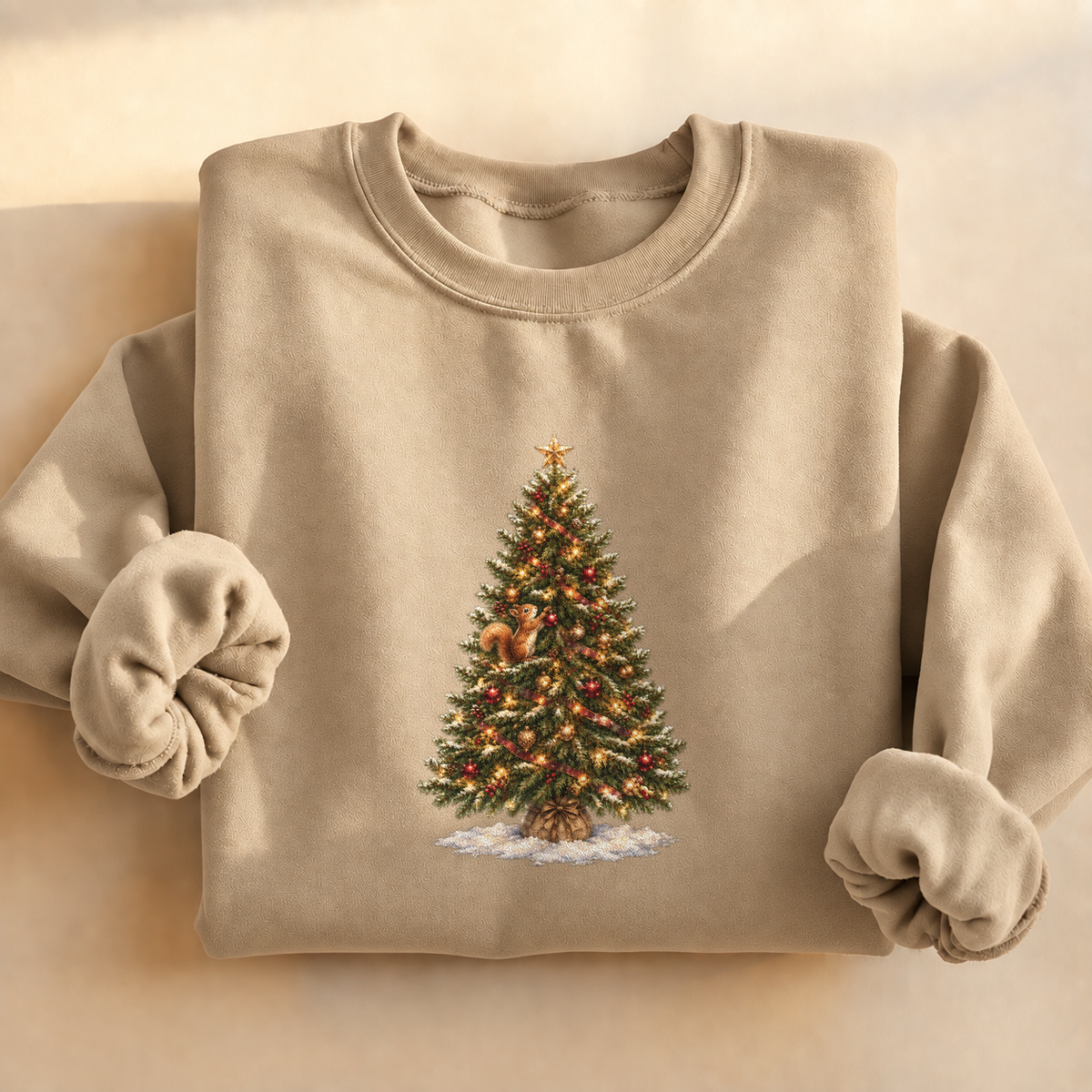 Christmas Tree Squirrel Sweatshirt, alternate view, squirrel climbing a lit Christmas tree