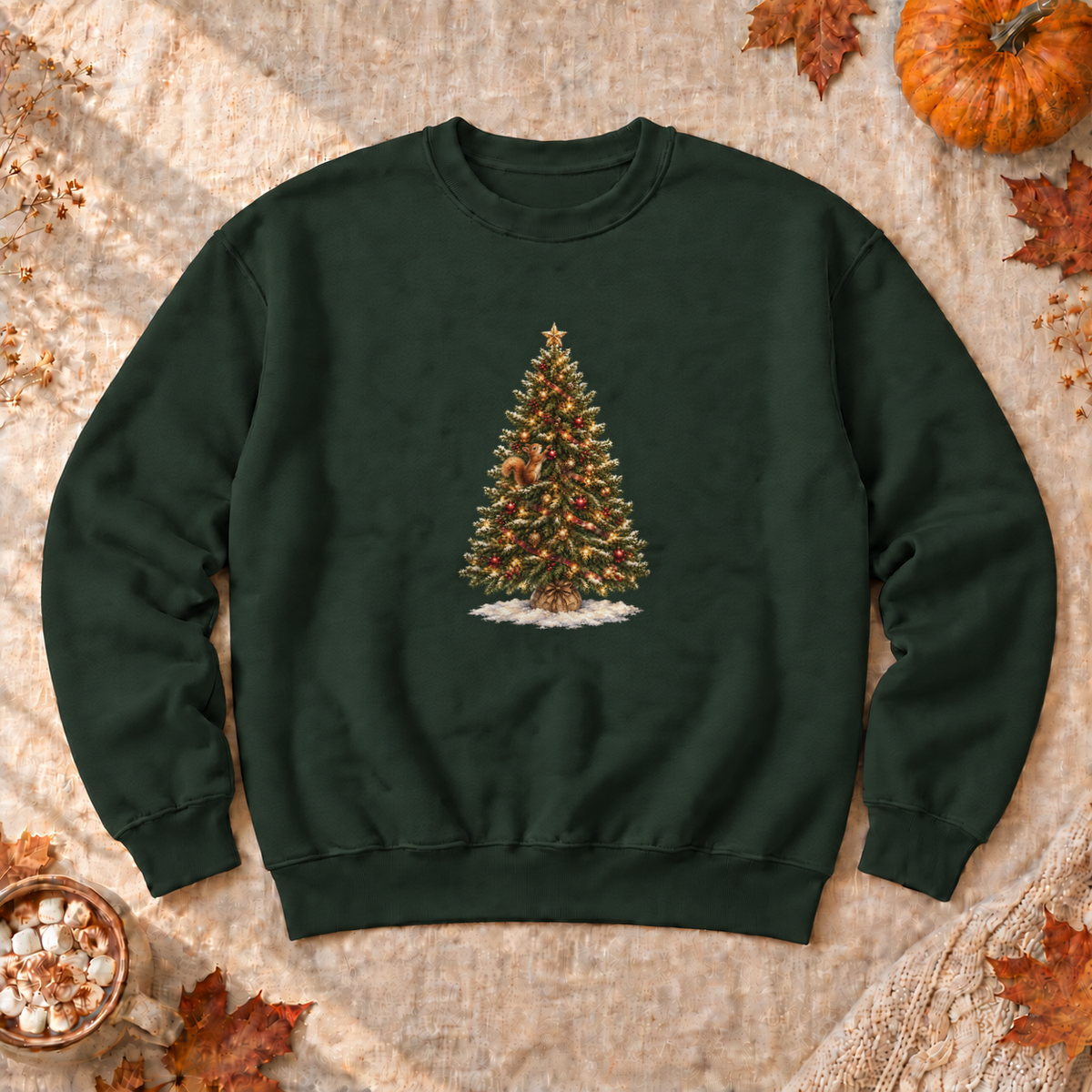 Christmas Tree Squirrel Sweatshirt, alternate view, squirrel climbing a lit Christmas tree