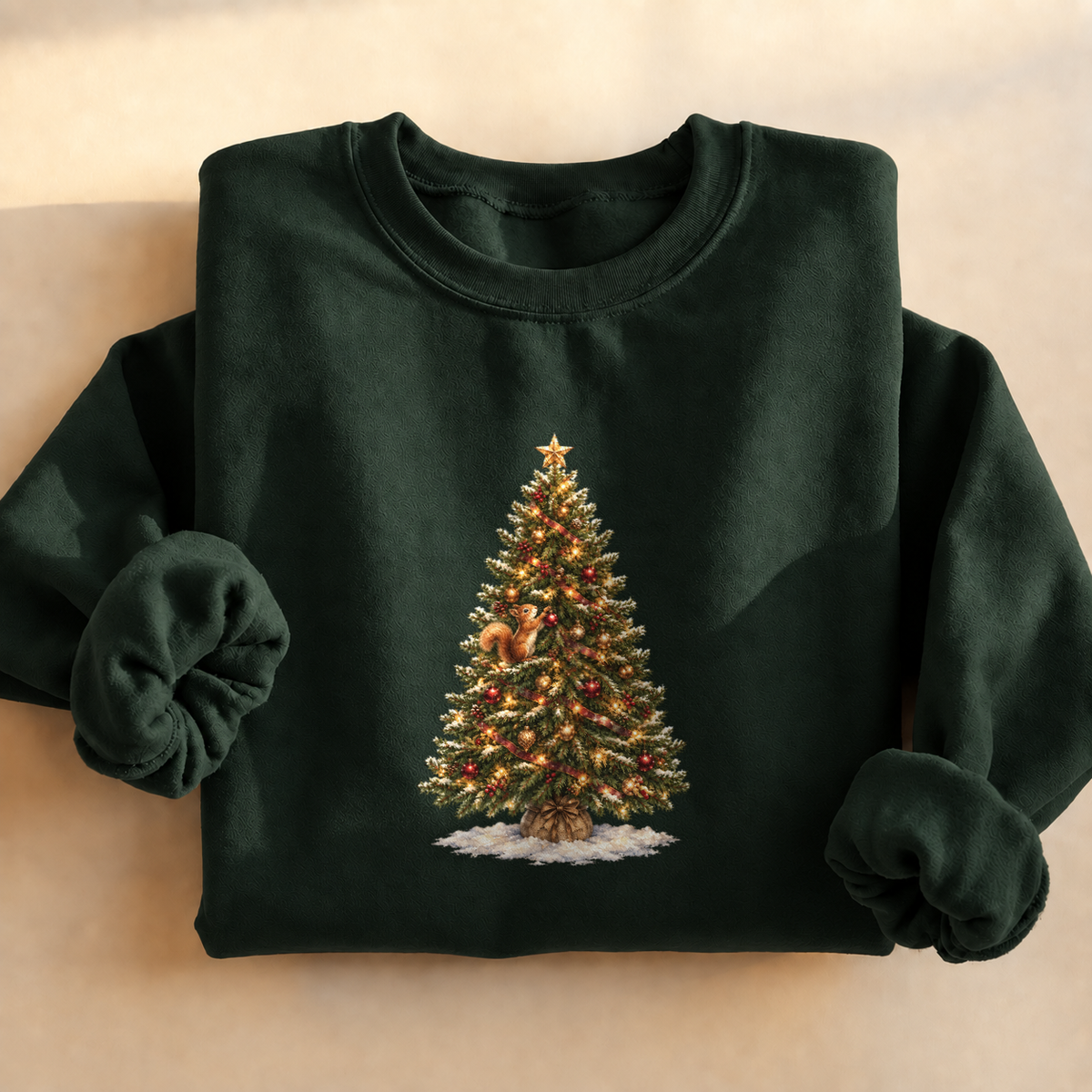 Christmas Tree Squirrel Sweatshirt, alternate view, squirrel climbing a lit Christmas tree