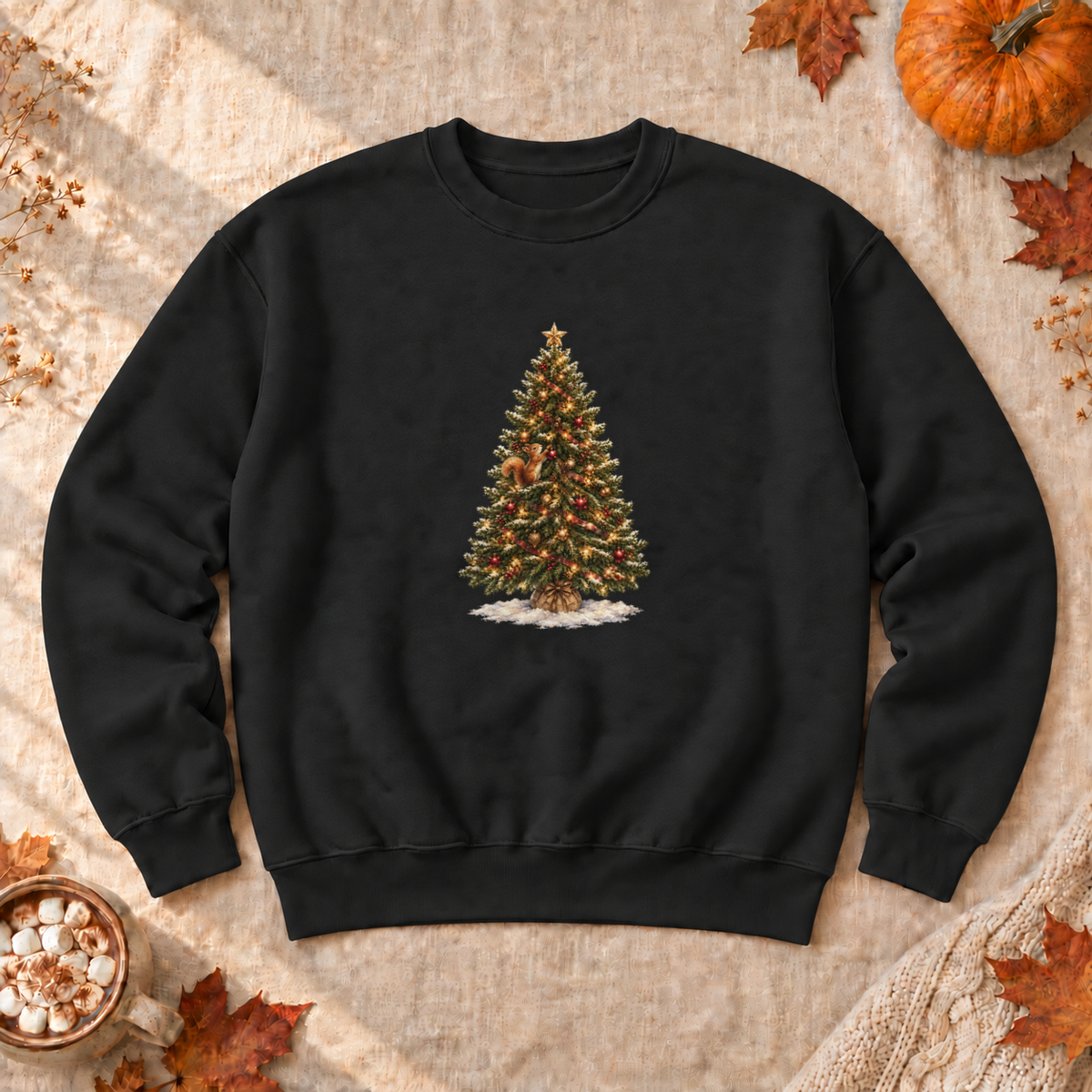 Christmas Tree Squirrel Sweatshirt, alternate view, squirrel climbing a lit Christmas tree