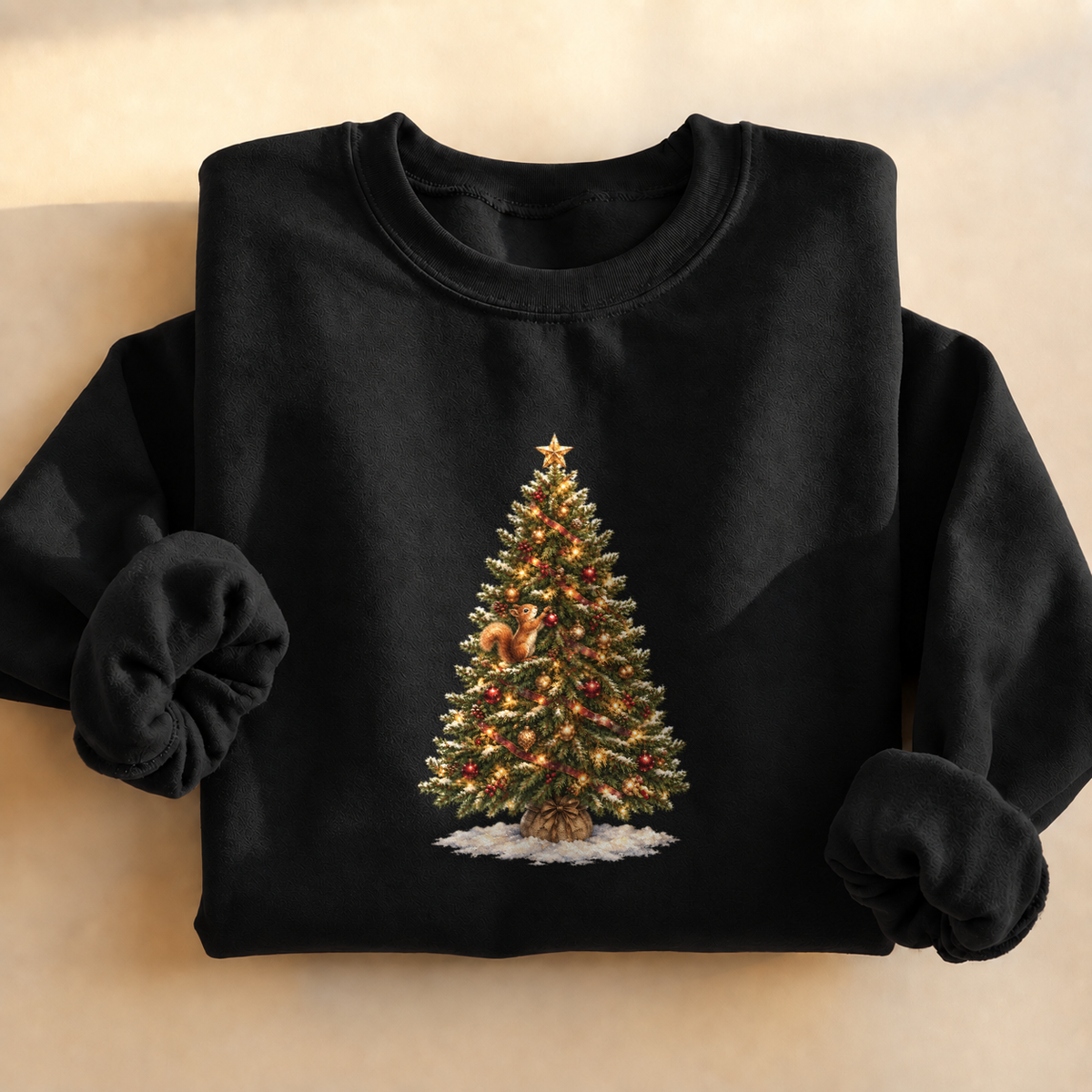 Christmas Tree Squirrel Sweatshirt, alternate view, squirrel climbing a lit Christmas tree